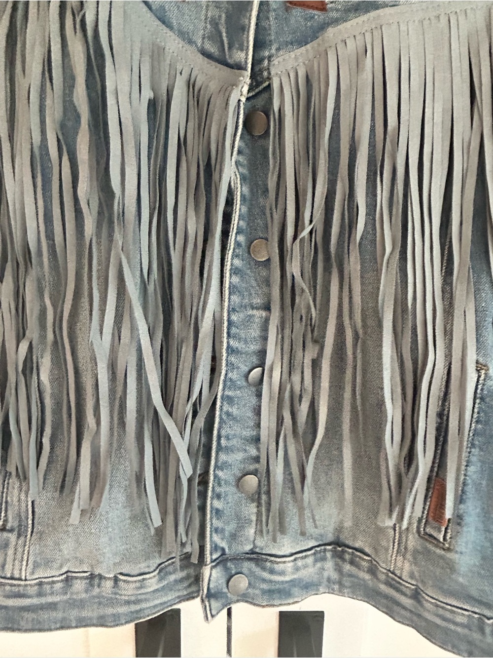 Rock & Roll Denim Light Wash Tonal Suede Fringe Button-Down Jacket - Picture 5 of 10